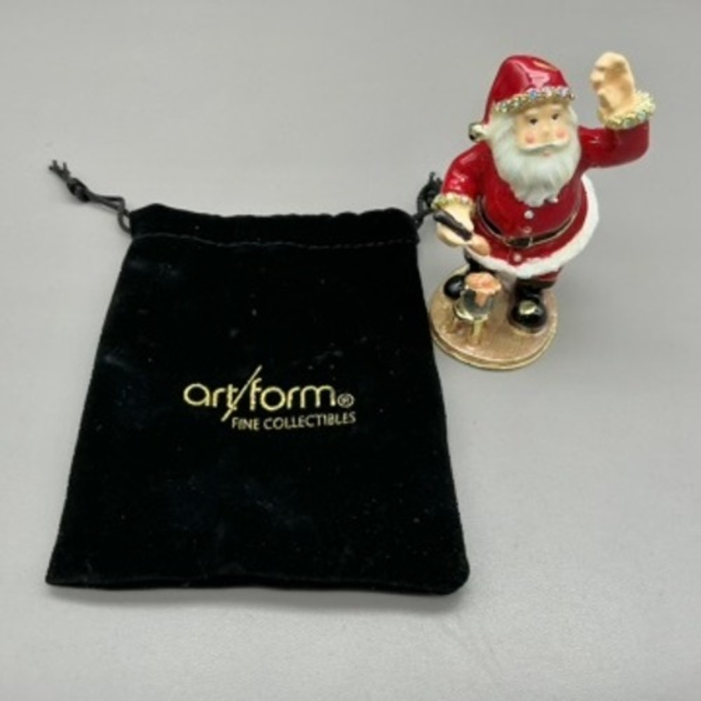 Art Form Santa Claus Jeweled Rhinestone Enamel Hinged Christmas Trinket Box 4.5"
